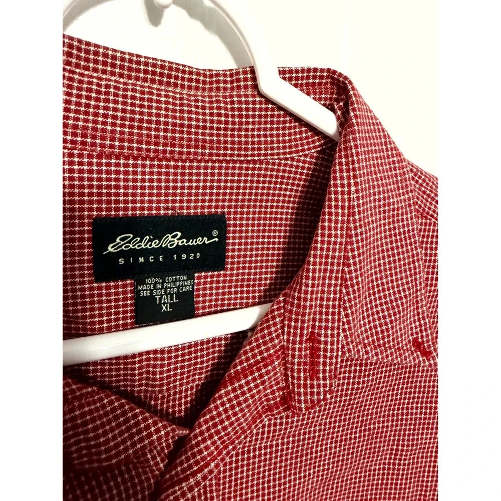 Eddie Bauer Button Down Shirt Mens XL Tall Red Gingham Check Cotton Long Sleeve